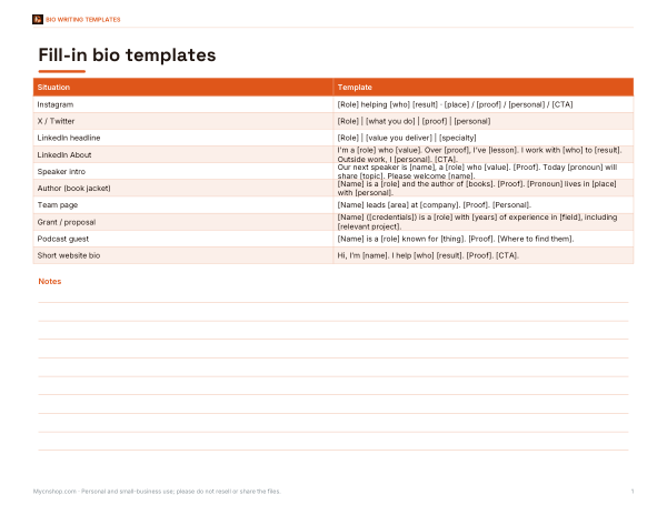 Preview of Bio Templates Printable Sheet