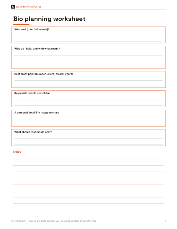 Preview of Printable Bio Planning Worksheet